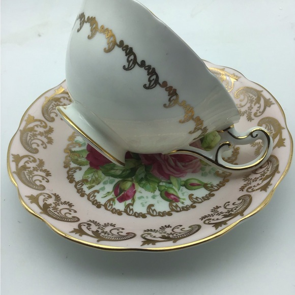 RARE EB Foley pink Cabbage Rose with Gold Filigree teacup and Saucer.  signed - Picture 6 of 6